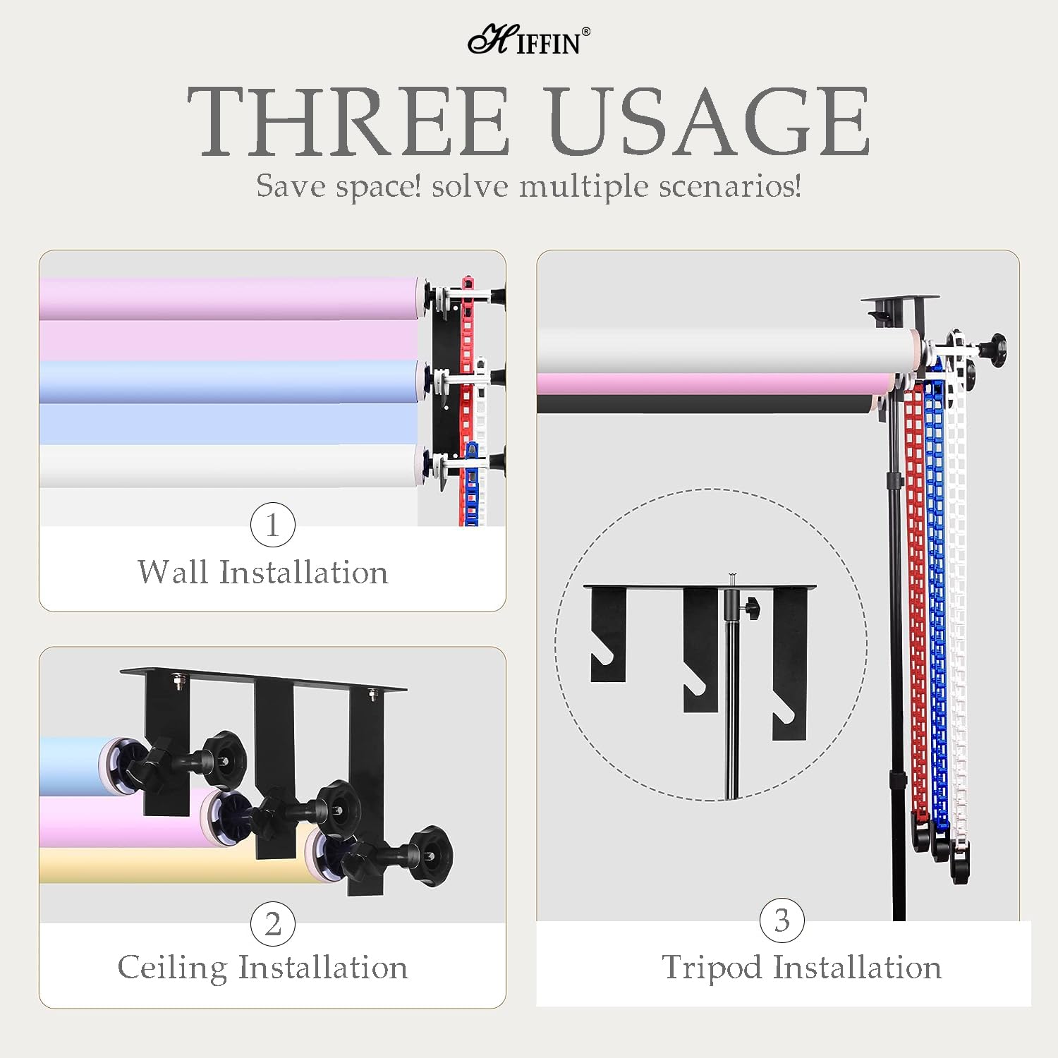 HIFFIN Photography 3 Roller Backdrop Stand & Wall Mount, Manual Background Roller Support System with 2 Tri-fold Hooks, 6 Expand Bars, and 3 Chains for Conveniently Holding 3 Backdrops HIFFIN Photography 3 Roller Backdrop Stand & Wall Mount, Manual Background Roller Support System with 2 Tri-fold Hooks, 6 Expand Bars, and 3 Chains for Conveniently Holding 3 Backdrops